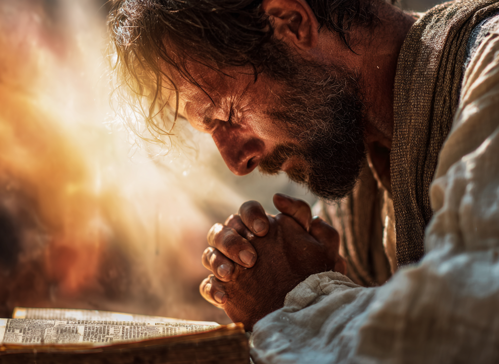 Close-up photo of man praying while surrounded by divine glory