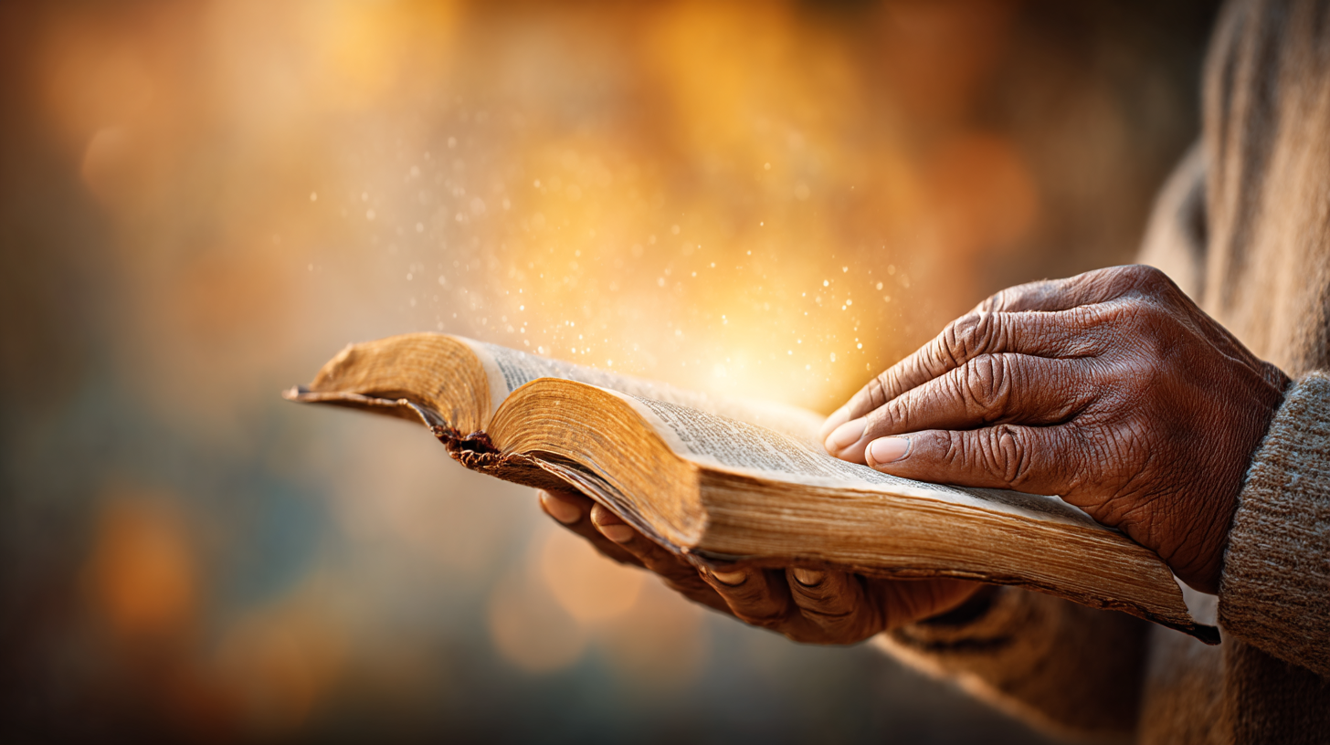 Gentle hands holding an open Bible with divine light pouring down from heaven